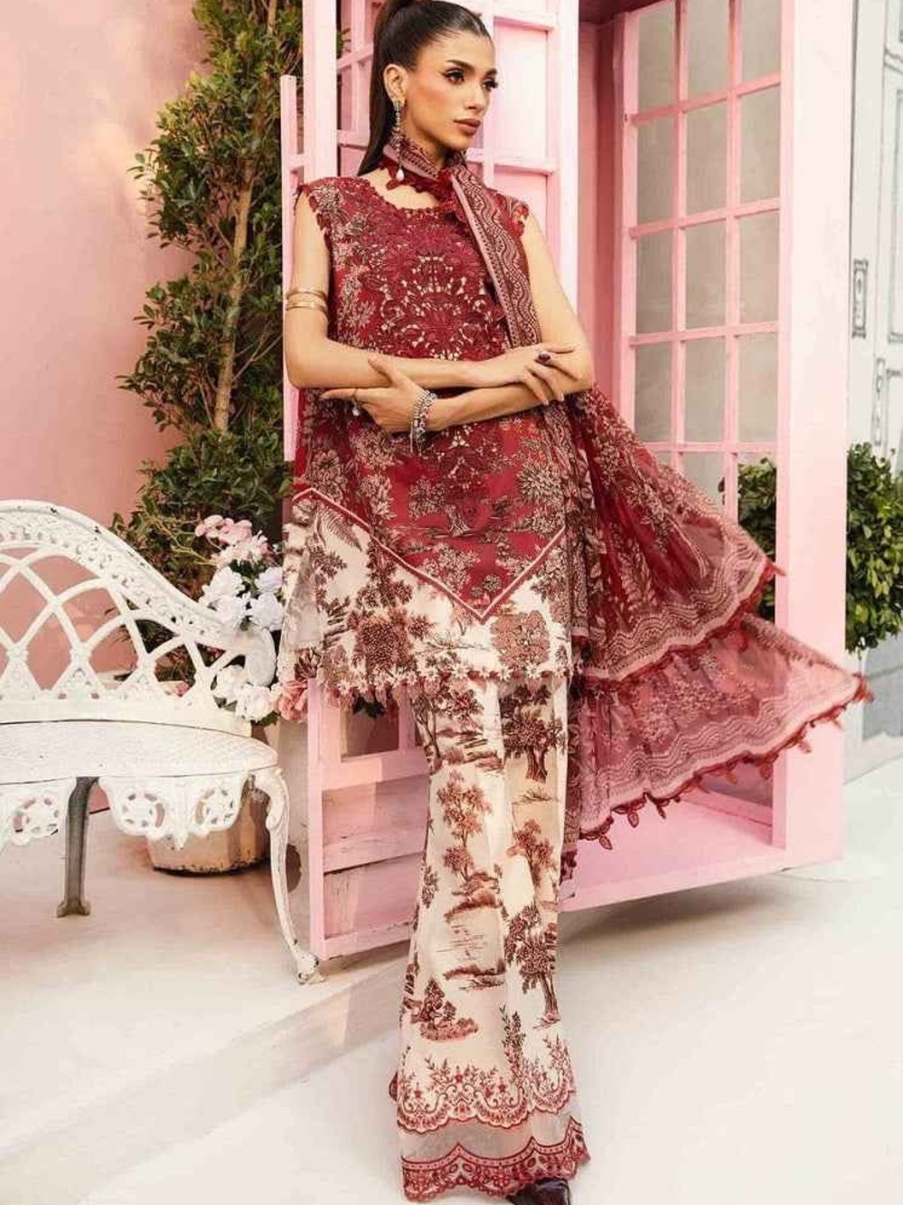 Elegant Maroon & Cream Wide-Leg Pant Set
